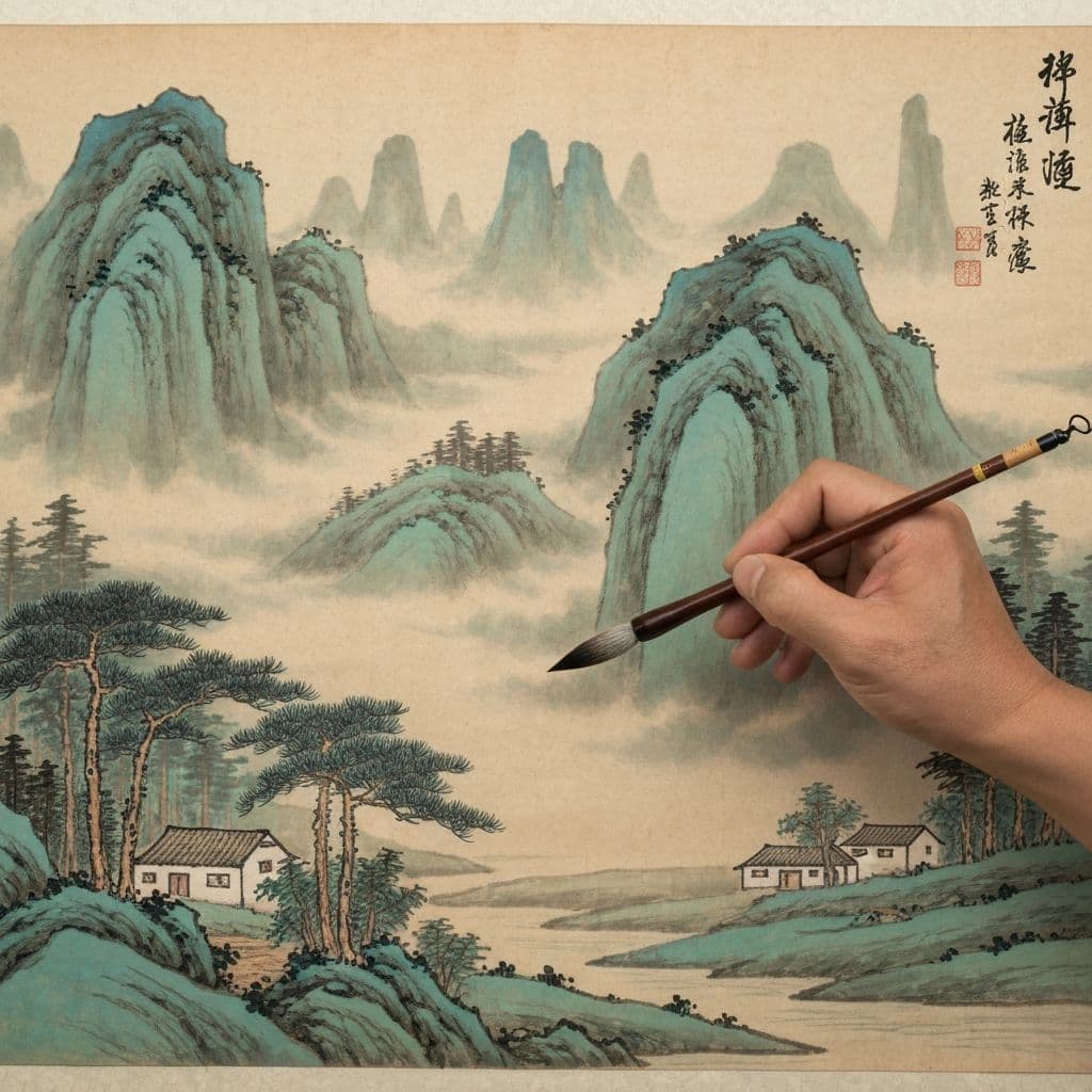 Traditional Chinese landscape painting being created with a calligraphy brush